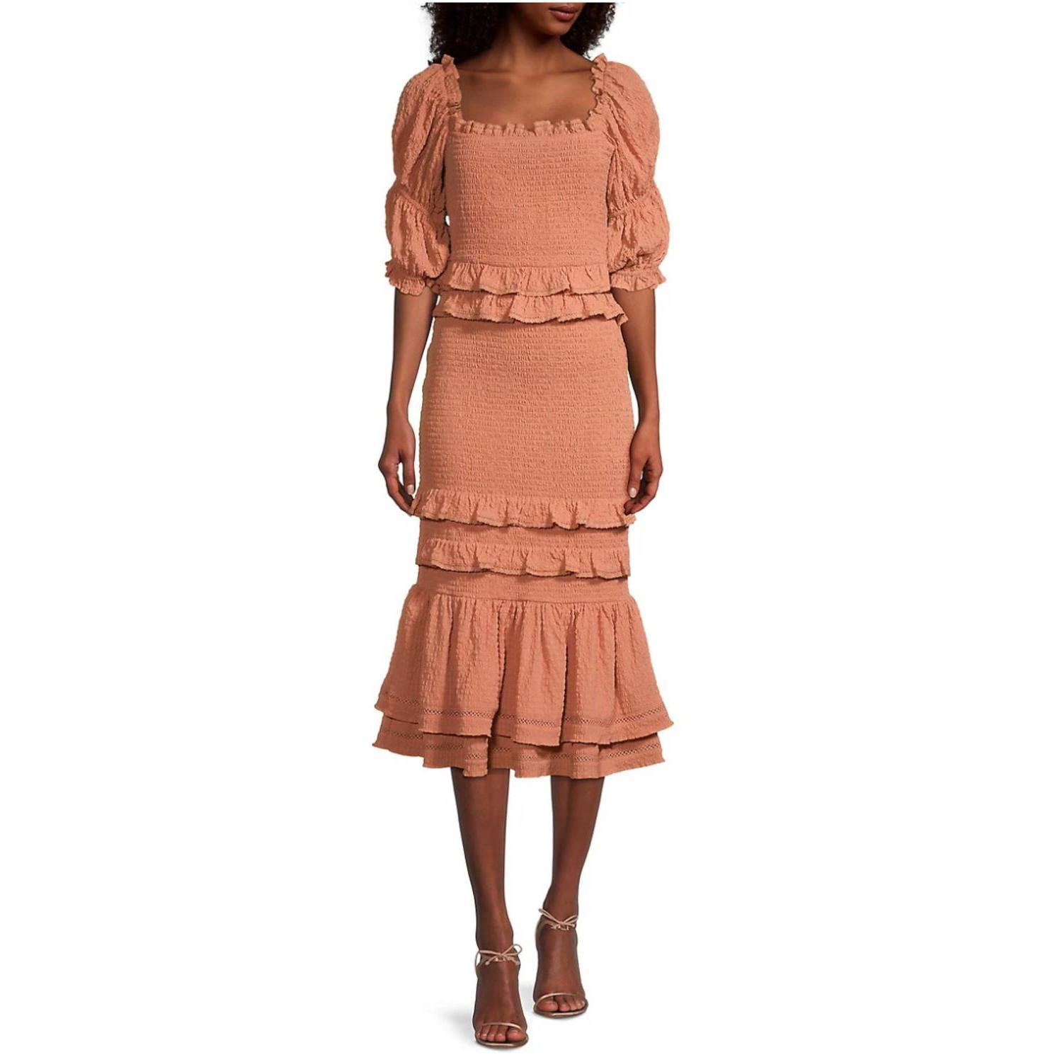 New Rachel Parcell Bubble Ruffle Midi Dress In Dusty Peach